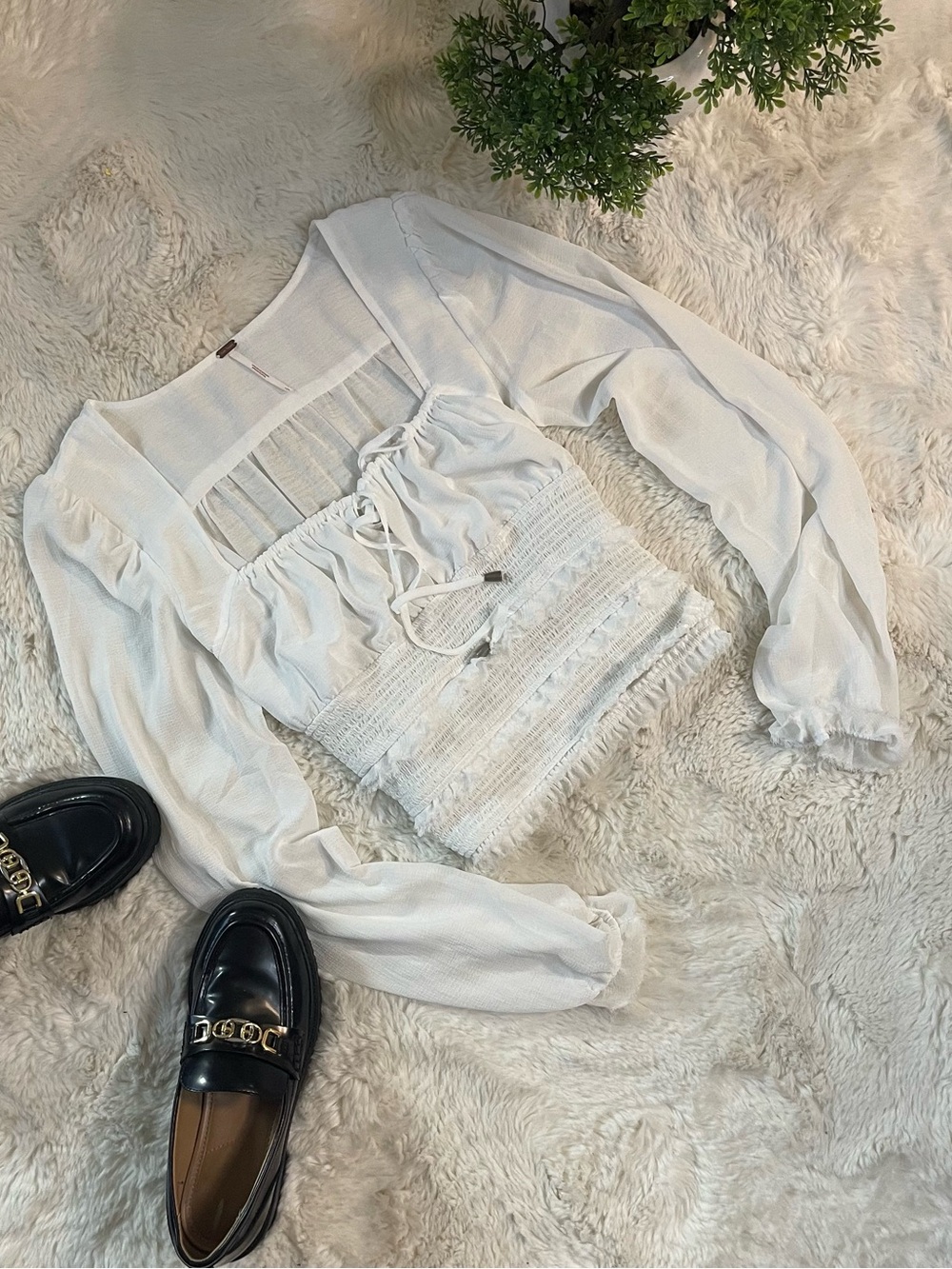 Free People Missing You Smocked Lace Up Peasant Crop Blouse White Puff Sleeve S